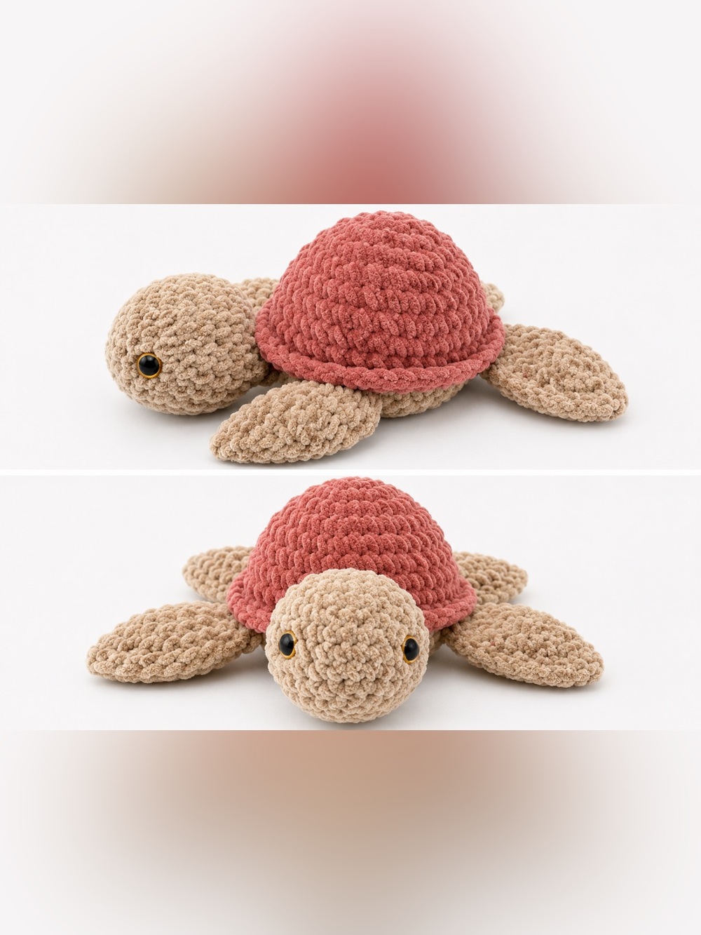 Large Handmade Crochet Turtle Plush - Beige Body & Dusty Rose Shell